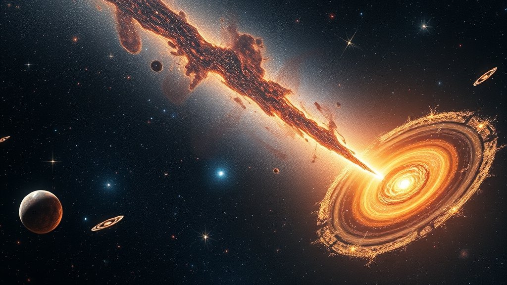 An illustration of the universe expanding with galaxies and stars moving away from each other, with a subtle hint of a new gravity theory in the background