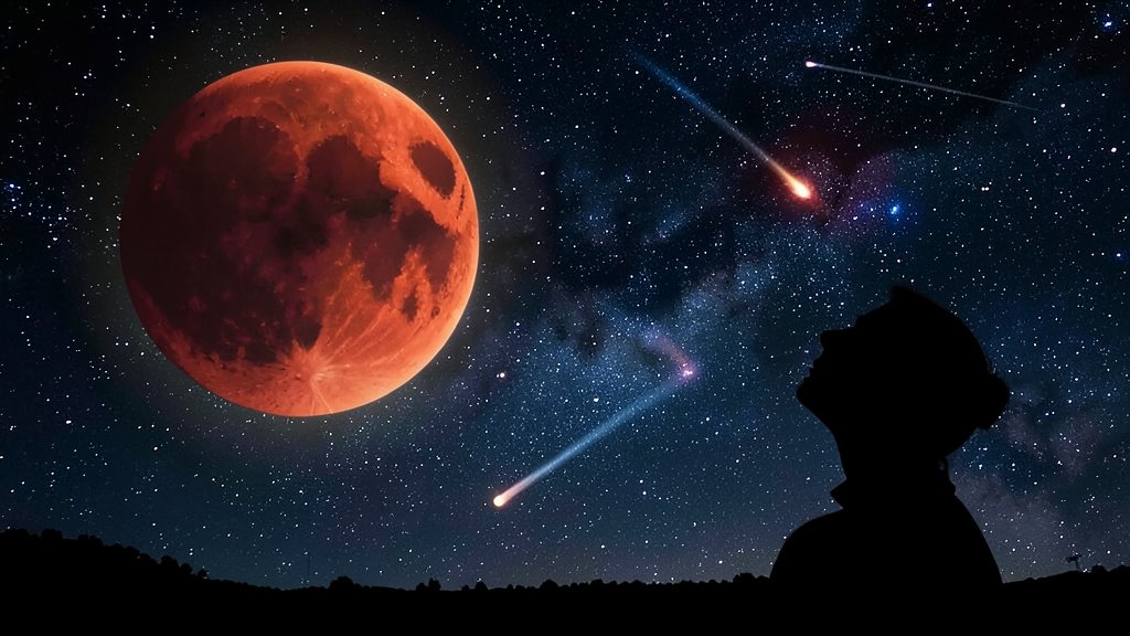 A composite image of a total solar eclipse, a blood moon, and a meteor shower in the night sky, with a silhouette of a person looking up at the stars in the foreground.