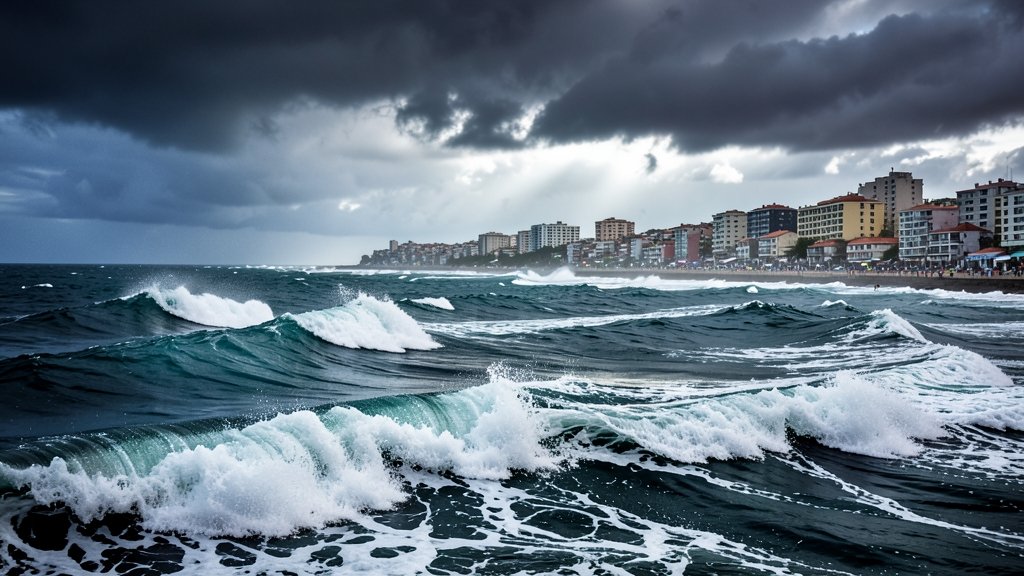 A dramatic image of a stormy sea with rising waves and a cityscape in the background, highlighting the impact of ocean heat on coastal communities