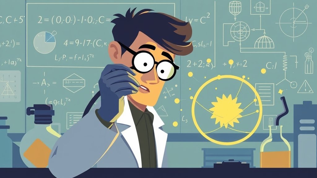 An illustration of a scientist studying a mysterious particle in a laboratory, with a background of complex equations and diagrams.