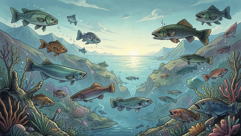 An illustration of ancient oceanic life during the Ordovician period, with early fish species and other marine animals, set against a backdrop of a changing Earth landscape.