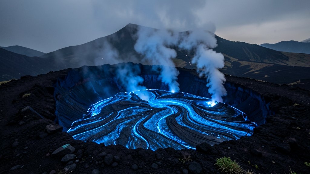 A high-quality image of the Indonesian volcano with blue lava, showcasing its unique glow and surroundings