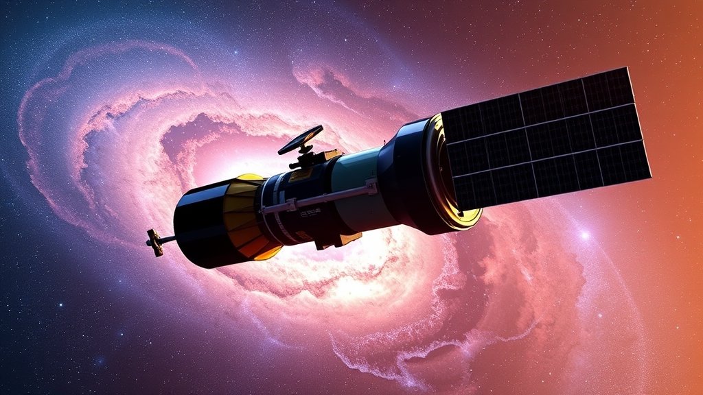 An artist's illustration of the James Webb Space Telescope floating in space, with a stunning galaxy or nebula in the background, showcasing the telescope's advanced technology and capabilities.