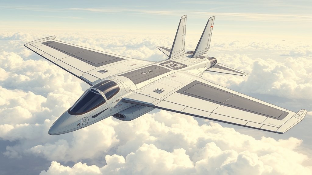 An illustration of a shape-shifting aircraft with morphing wings, showcasing its ability to change shape mid-flight, with a subtle background of clouds and sky.