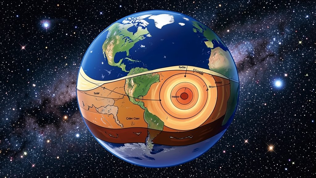 An illustration of the Earth's layers, including the crust, mantle, outer core, and inner core, with a background of stars and galaxies to represent the vastness of space.