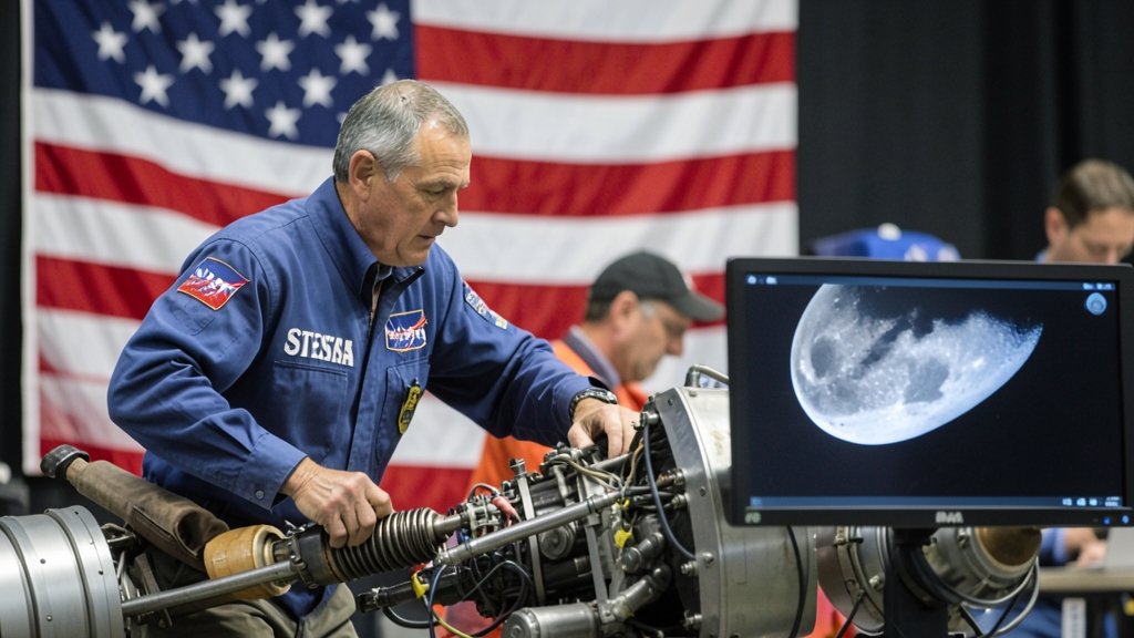 A photo of a NASA Stennis engineer working on a rocket engine, with a large American flag in the background and a picture of the Moon on a screen in front of them.