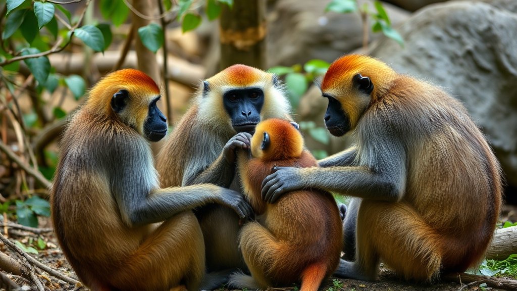 A group of primates interacting with each other in a natural habitat, with a subtle emphasis on same-sex interactions