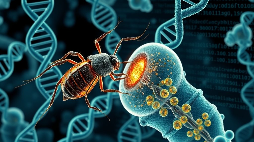 A detailed illustration of a bacteriophage attacking a bacterial cell, with a background of DNA helices and coding sequences, highlighting the intersection of biology and computer science in the field of genome language models.