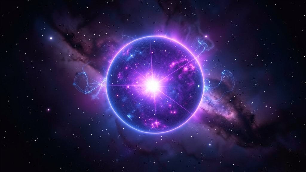 An artistic representation of a supermassive star in the center of a distant galaxy, with a vibrant purple and blue hue, surrounded by swirling clouds of gas and dust, with a subtle glow of quantum energy in the background.