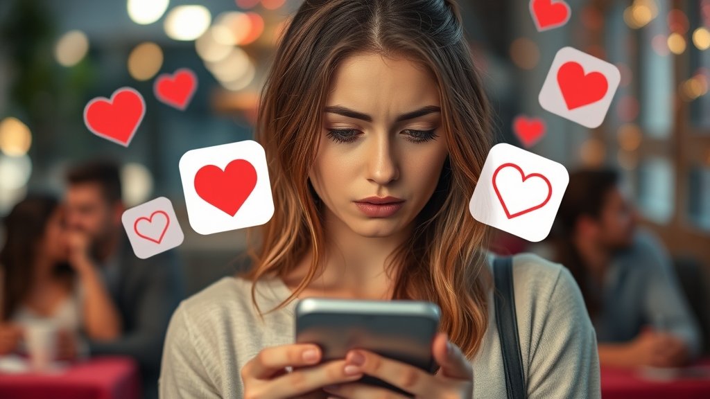 A young woman looking at her phone with a mix of emotions, surrounded by dating app icons and blurred background of people on dates