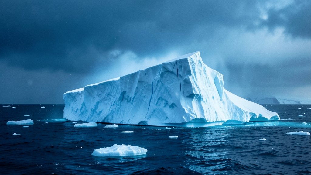A dramatic image of a large iceberg melting in the South Atlantic, with a blue tint and a sense of urgency, showing the impact of climate change on our planet.