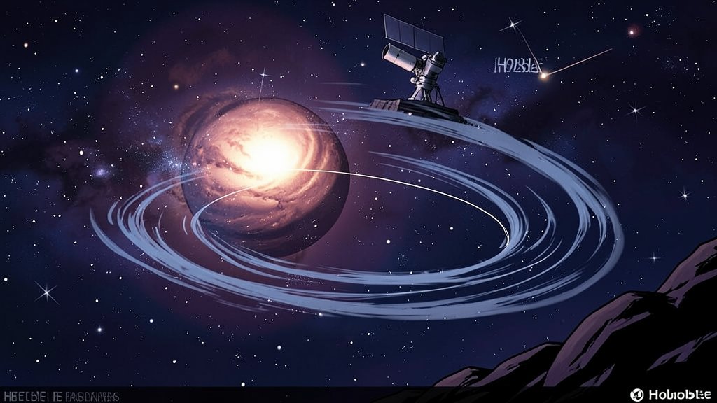 An illustration of the Betelgeuse star with its companion star, showcasing the celestial 'wake' detected by astronomers, with the Hubble Telescope in the background.