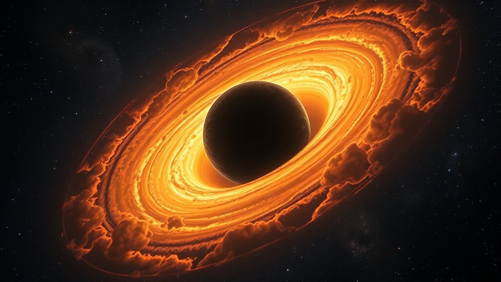 A stunning image of the cosmic hamburger, a massive planet-forming disk with swirling clouds of gas and dust, against a backdrop of stars and galaxies