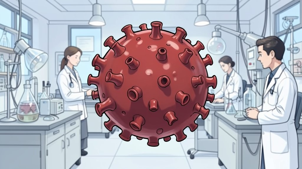 An illustration of the vaccinia virus without its cap, with a background of scientific equipment and researchers in a lab.