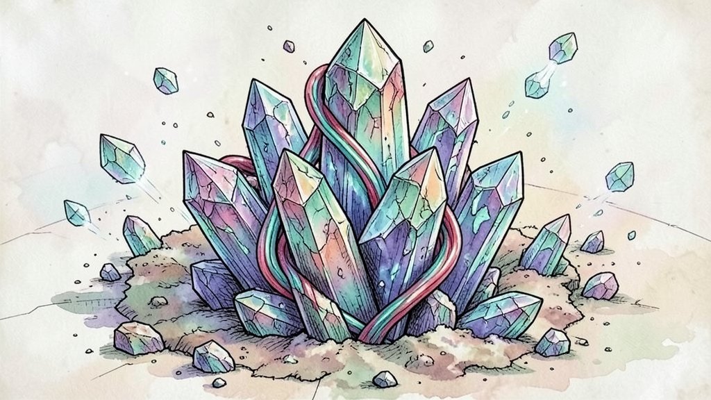 A detailed illustration of a crystal structure with twisted magnetism, showcasing the surprising ways it affects the surrounding environment