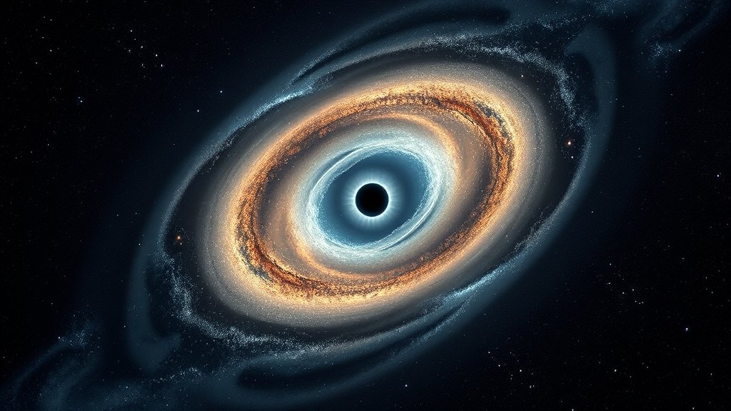 An illustration of a massive quiescent galaxy with a supermassive black hole at its center, surrounded by a halo of dark matter, with a few remaining stars and a vast empty space, symbolizing the galaxy's demise.