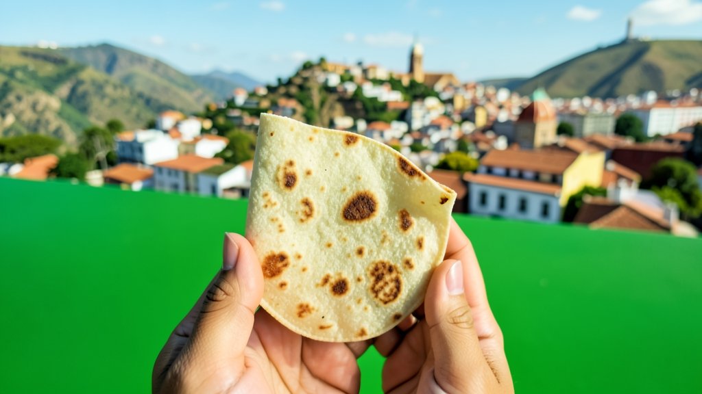 A photo of a person holding a super tortilla with a green background and a cityscape of Latin America in the distance