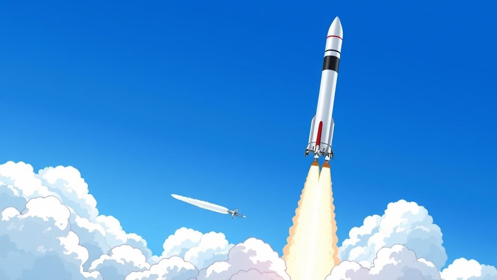 A detailed illustration of a SpaceX Falcon 9 rocket launching into space, carrying a payload of Starlink satellites, with a clear blue sky and fluffy white clouds in the background.