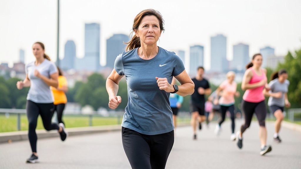 A woman in her 40s running outdoors, with a subtle background of a cityscape and a few people of different ages engaging in various physical activities, conveying the message that it's never too late to start exercising and slowing down the aging process.