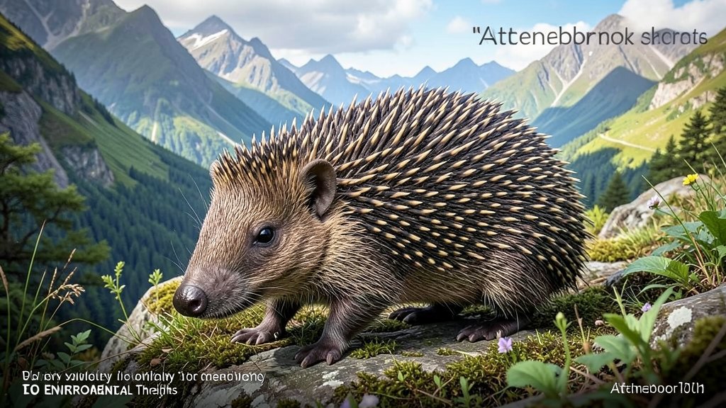 A realistic illustration of Attenborough's echidna in its natural mountain habitat, highlighting the species' unique features and its vulnerability to environmental threats.
