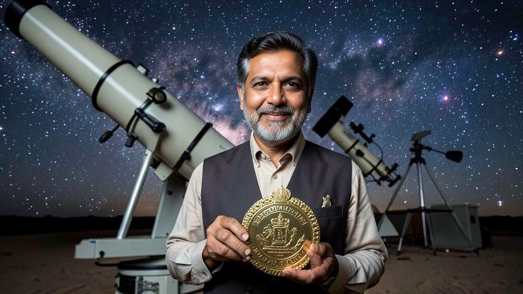 An image of an Indian-origin astronomer standing in front of a telescope, with a backdrop of stars and galaxies, holding a Royal Astronomical Society Gold Medal.