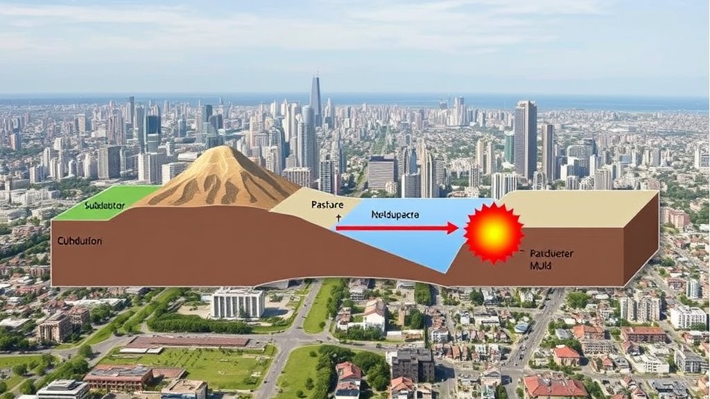 A diagram showing the process of subduction and the associated earthquake rupture parameters, with a cityscape in the background to represent the potential impact on human populations