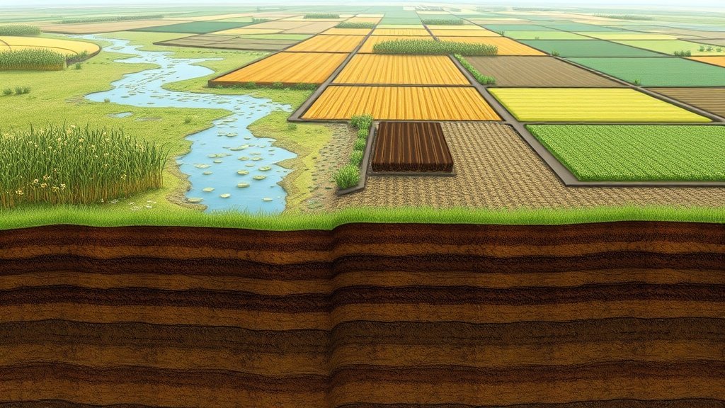A detailed illustration of a landscape with a mix of wetlands and agricultural fields, highlighting the importance of soil organic carbon distribution and its impact on the environment.
