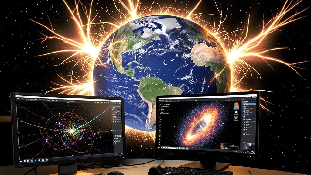 An illustration of the Earth surrounded by solar flares and coronal mass ejections, with a computer screen in the foreground displaying a heliophysics model.