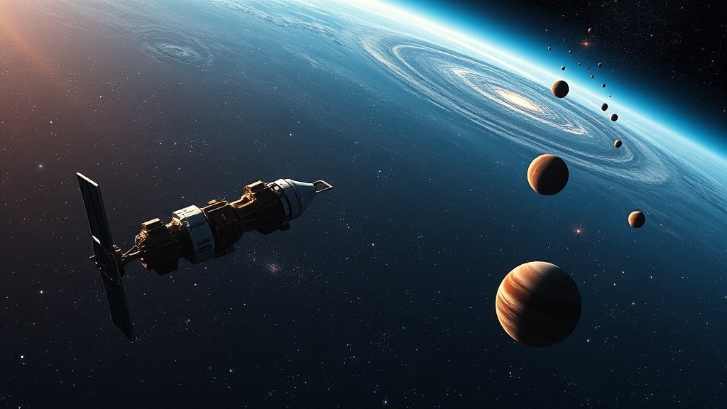 An AI-generated image of a NASA spacecraft observing exoplanets in the vastness of space, with stars and galaxies in the background.