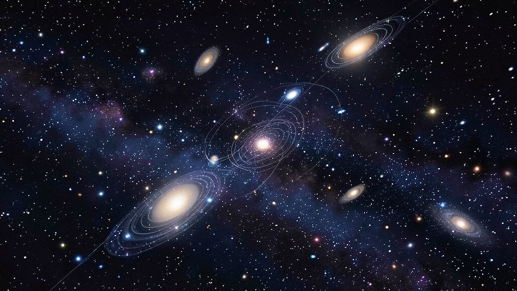 An illustration of the universe expanding, with galaxies and stars moving away from each other, and a subtle representation of dark energy or a new gravity theory in the background.