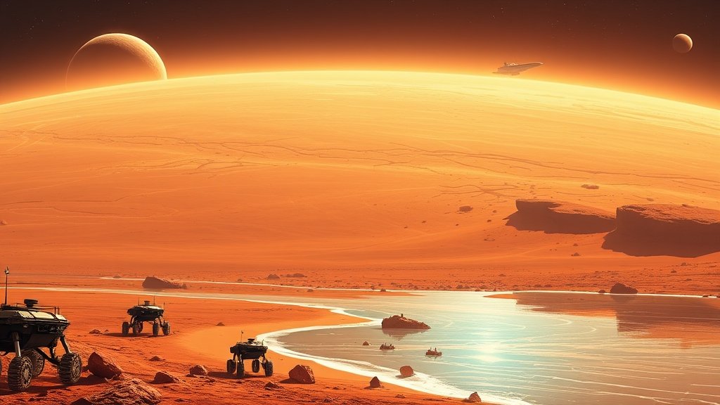 A futuristic illustration of the Mars surface with a large ocean covering half of the planet, with a spaceship in the distance and a few robotic rovers exploring the shoreline.
