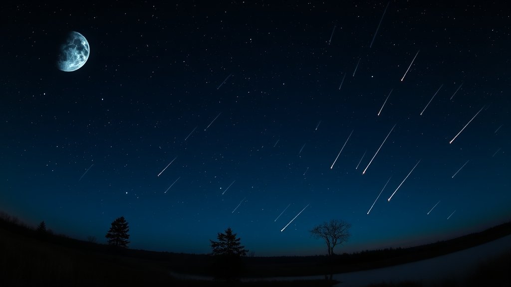 A panoramic view of a night sky with a blue moon, planets aligned in a parade, and meteor showers in the background, set in a Michigan landscape with a few trees and a lake in the foreground.