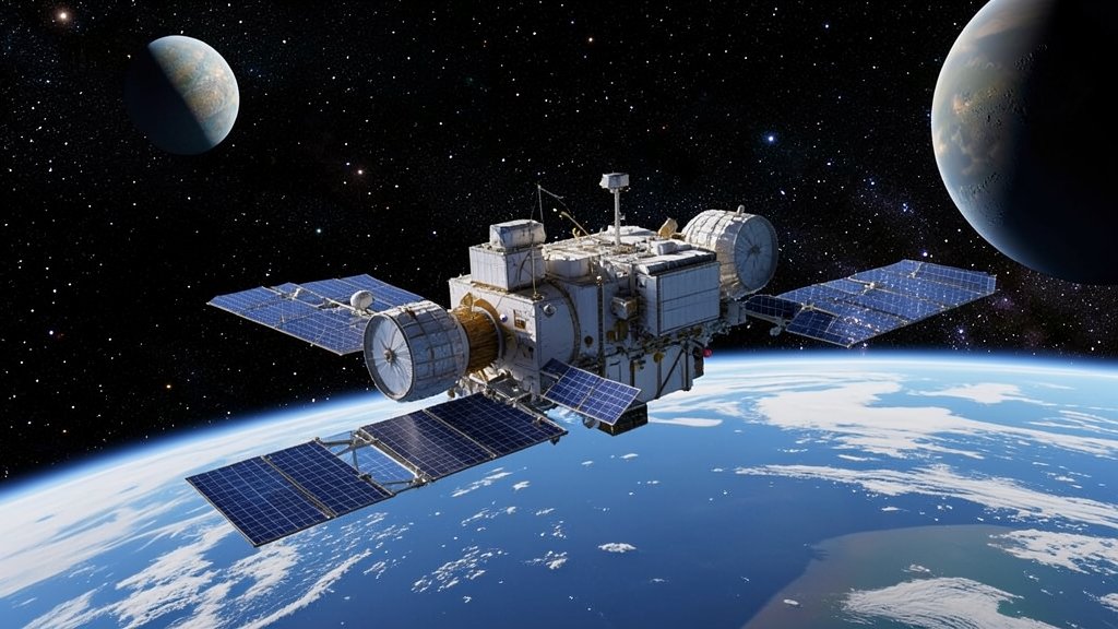 An image of the International Space Station in orbit around Earth, with a backdrop of stars and planets, highlighting the station's modules and solar panels.