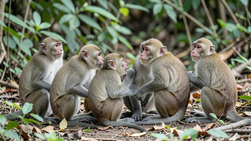 A group of monkeys in a natural habitat, with a subtle focus on same-sex interaction, conveying a sense of natural behavior and coexistence.