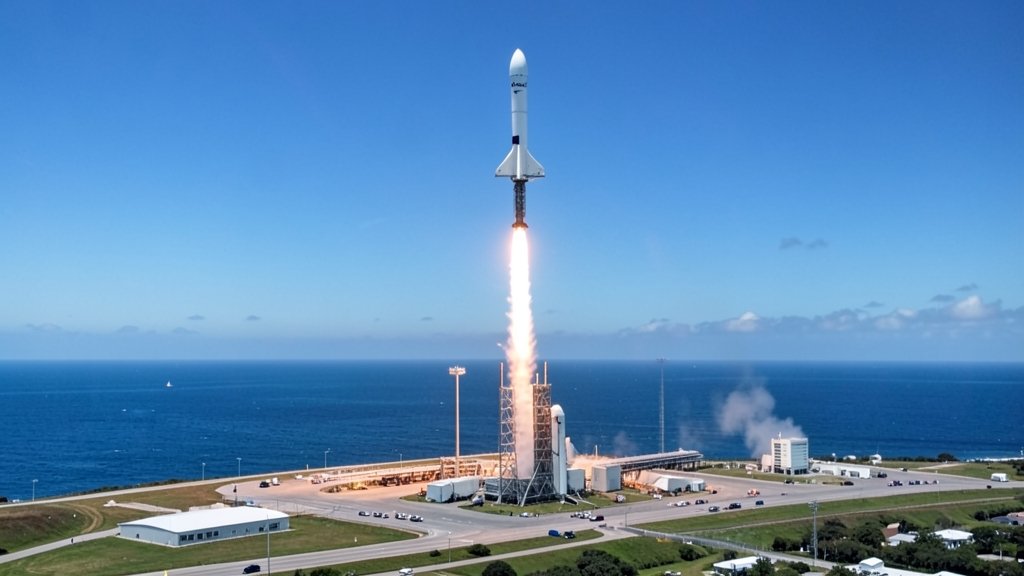 A SpaceX rocket launching from Cape Canaveral, Florida, with a clear view of the rocket and the launchpad, and a beautiful background of the ocean and the sky.