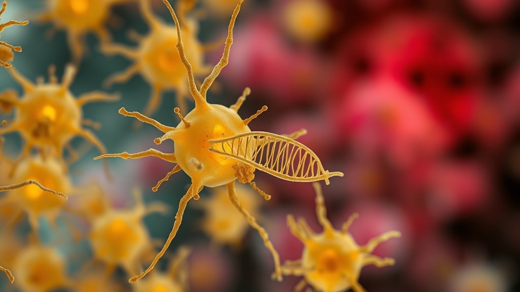 A microscopic image of yeast cells with highlighted DNA structures, with a subtle background of human cancer cells to represent the connection between the two.