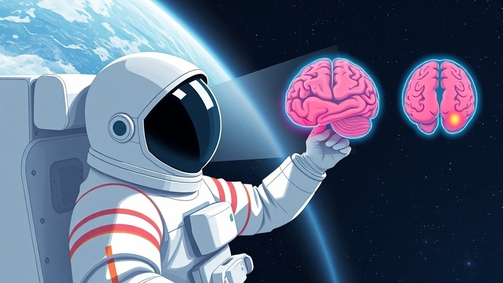 An illustration of an astronaut in space with a brain scan overlay, highlighting the changes in brain shape and position after time in space