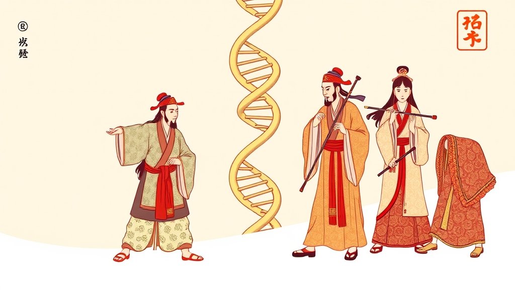 An illustration of ancient Chinese men and women engaging in different activities, with a DNA double helix in the background.