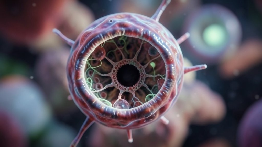 A microscopic image of an amoeba with a giant virus creating a secret room inside it, with a blurred background to highlight the complex cellular structure.