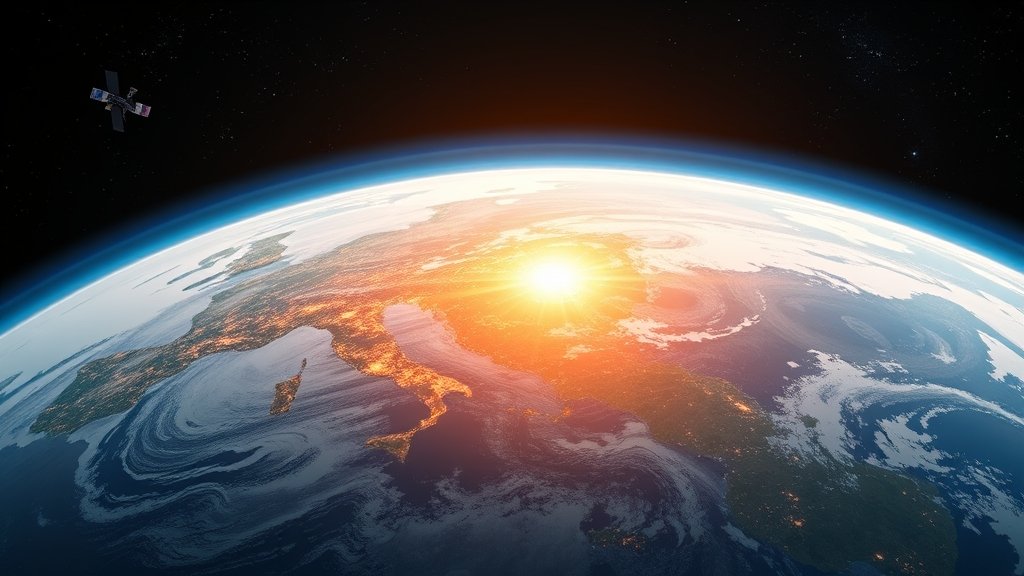 An illustration of the Earth from space, with a subtle glow representing oil reserves beneath the surface, and a few satellites or spacecraft in the background, symbolizing the search for these reserves using space technology.