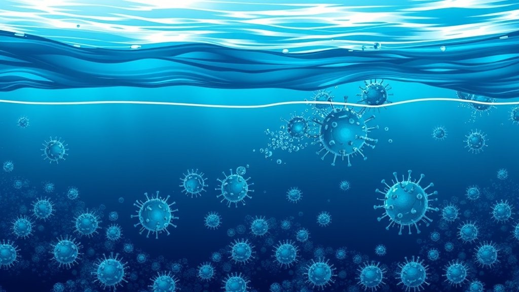 A detailed illustration of ocean water with a decrease in oxygen levels, showing the impact of viruses on marine ecosystems