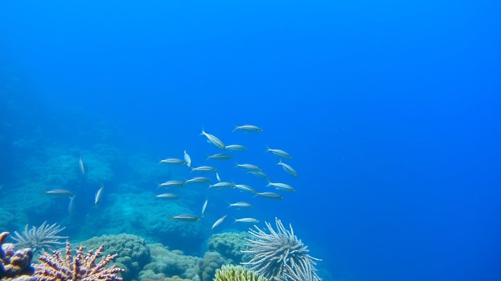 A serene ocean landscape with a school of fish swimming near a coral reef, with a subtle hint of pollution in the background