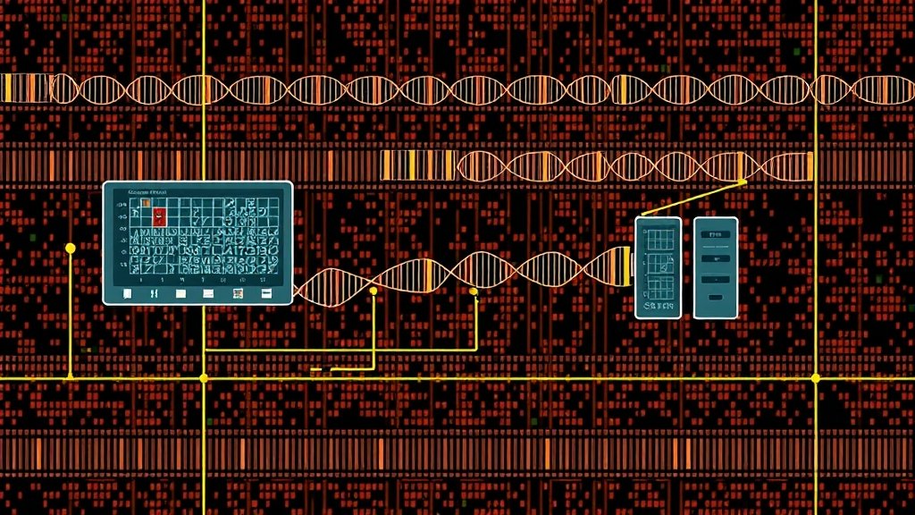 An illustration of a large-scale genetic data processing system with compressive pangenomics technique in action, showing the efficiency and speed of data analysis.