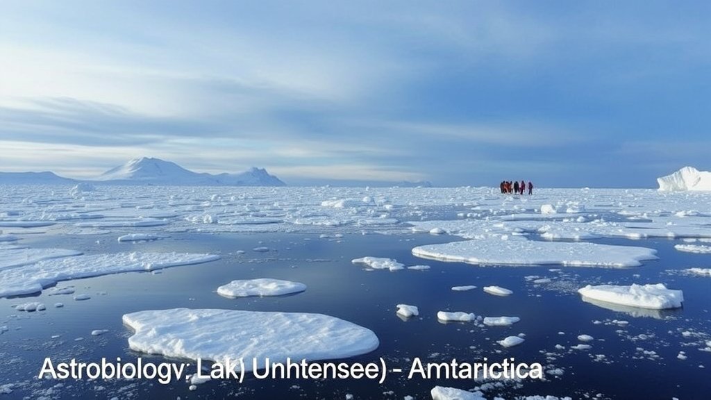 A photograph of the Antarctic landscape with a research team in the distance, with a caption that reads "Astrobiology Expedition to Lake Untersee Antarctica"