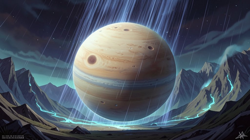 An illustration of a sub-Neptune exoplanet with a thick atmosphere and a solid core, with silicate rain falling from the sky and mantle cooling processes occurring in the background.