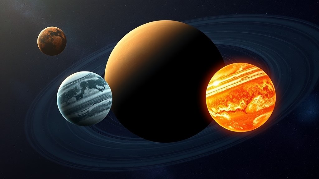 An artist's illustration of two temperate planets orbiting a fully convective M dwarf star, with a brown dwarf in the background and a few stars twinkling in the distance.