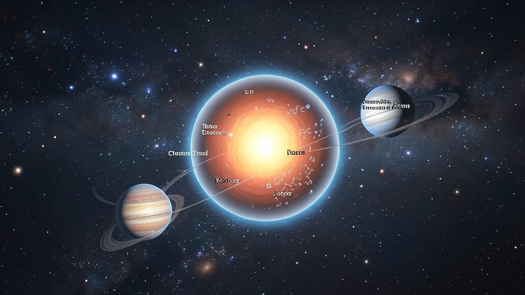 An illustration of a planetary system with a star at the center, showcasing the chemical composition of the star and the planets, with a subtle background of space and galaxies.