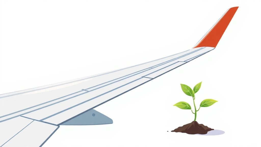 An illustration of a morphing aircraft wing, with a seedling in the background, symbolizing the inspiration from nature.