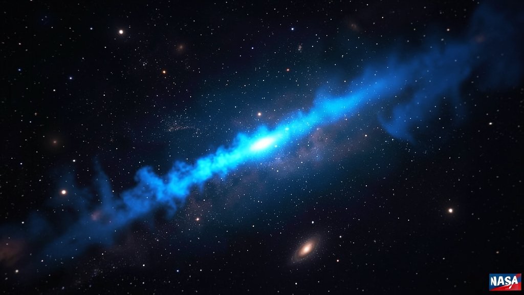 A high-resolution image of a bright blue plume in space, with a subtle background of stars and galaxies, and a small NASA logo in the corner.