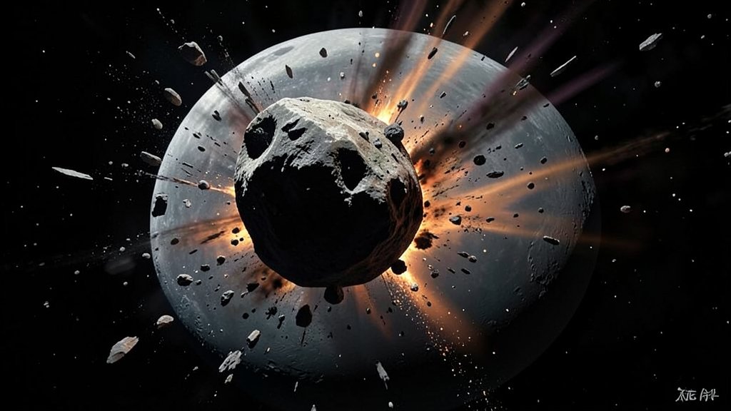 An artistic representation of a massive asteroid impacting the far side of the Moon, with debris and volcanic material erupting into space.